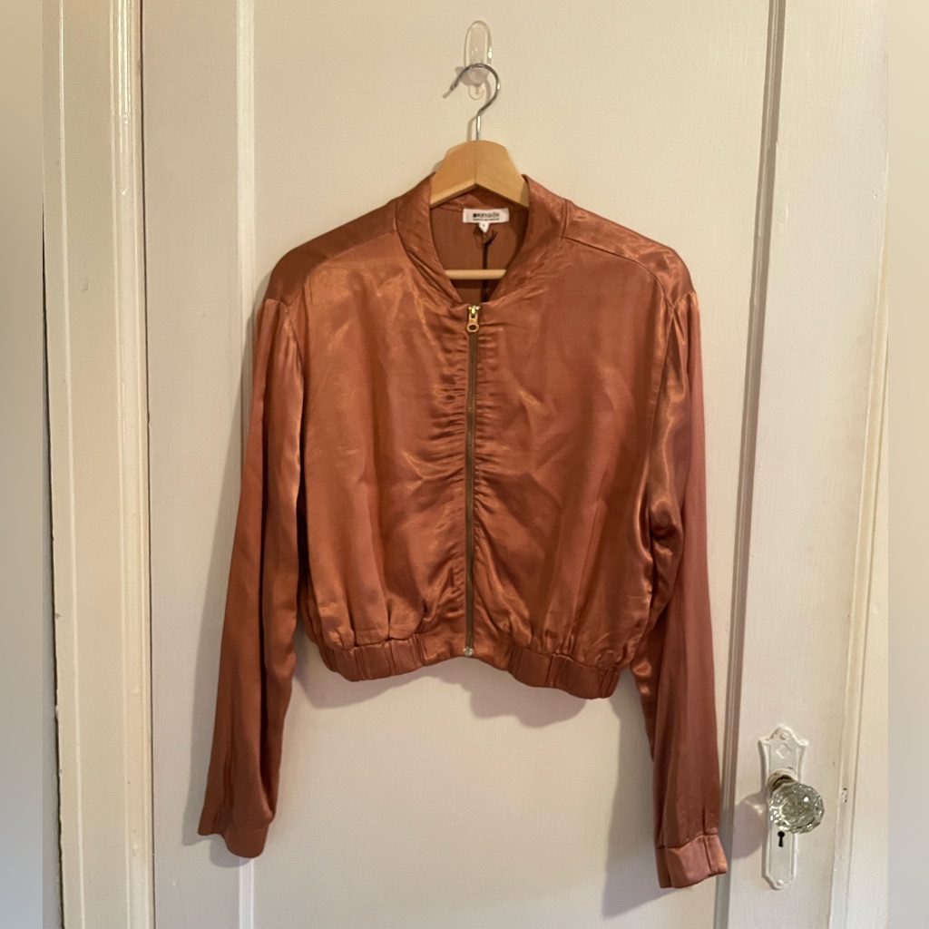 La Made The Eighties Copper Cropped Satin Zip-Up Bomber Jacket Size S